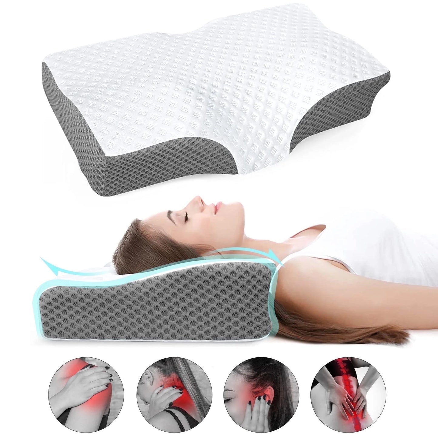 Cervical Neck Pillow for Neck Pain Relief, Ergonomic Memory Foam Pillow Bed Pillows for Body Side Back Stomach Sleeping, 23.6''X 13.3''X 4.3'',White
