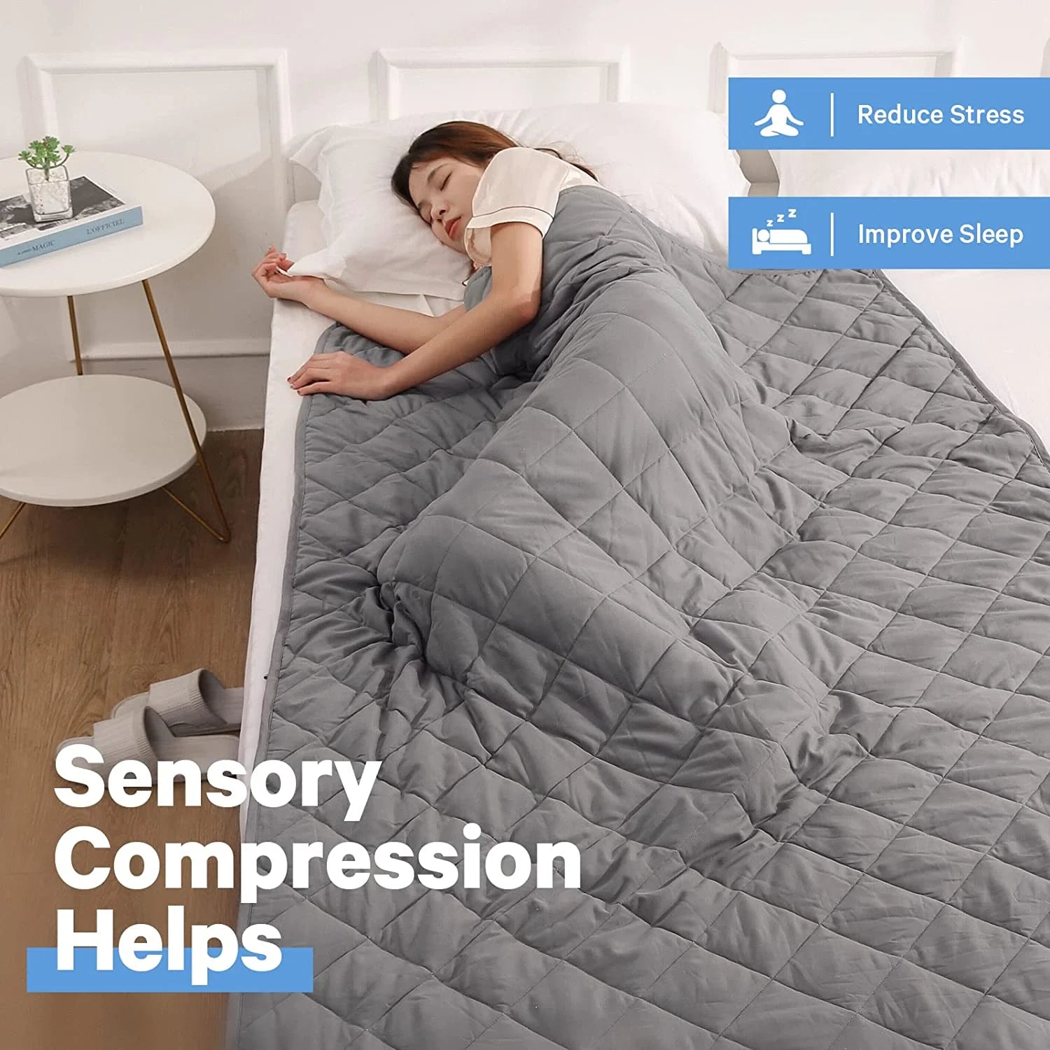 Weighted Blanket Twin Size 48" X 72" 15 Lbs with Nontoxic Glass Beads, Microfiber Material, Thick Comfort for Deeper Sleep, Gray