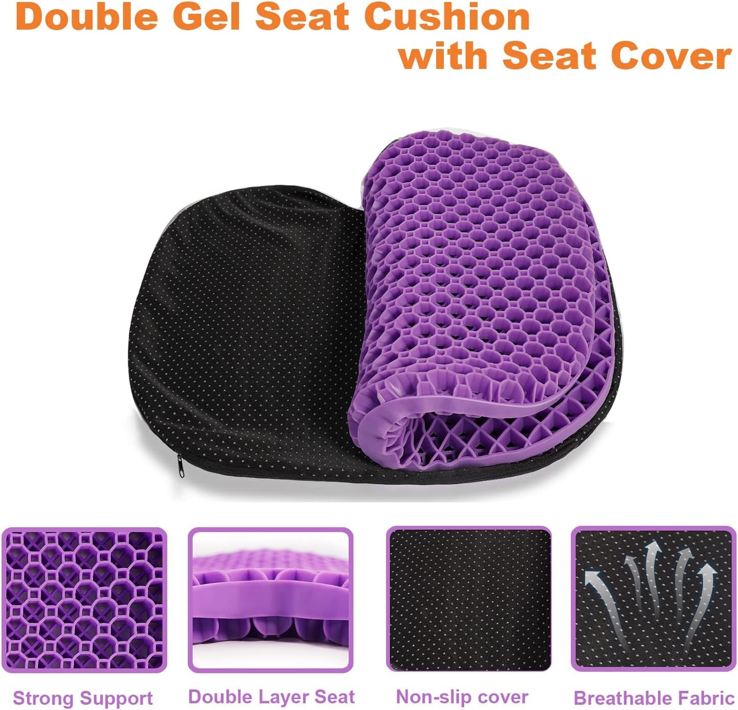 Gel Seat Cushion for Office Chairs, Car Seat Cushion for Long Sitting, Wheelchair Pads for Tailbone Pressure Relief Butt & Back Pain (Purple/Black) (ZD020)