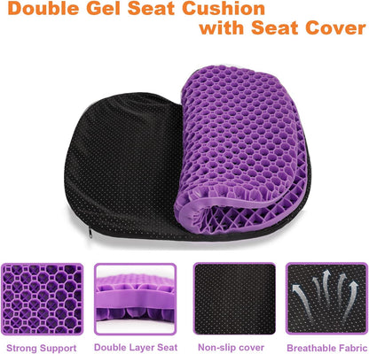 Gel Seat Cushion for Office Chairs, Car Seat Cushion for Long Sitting, Wheelchair Pads for Tailbone Pressure Relief Butt & Back Pain (Purple/Black) (ZD020)