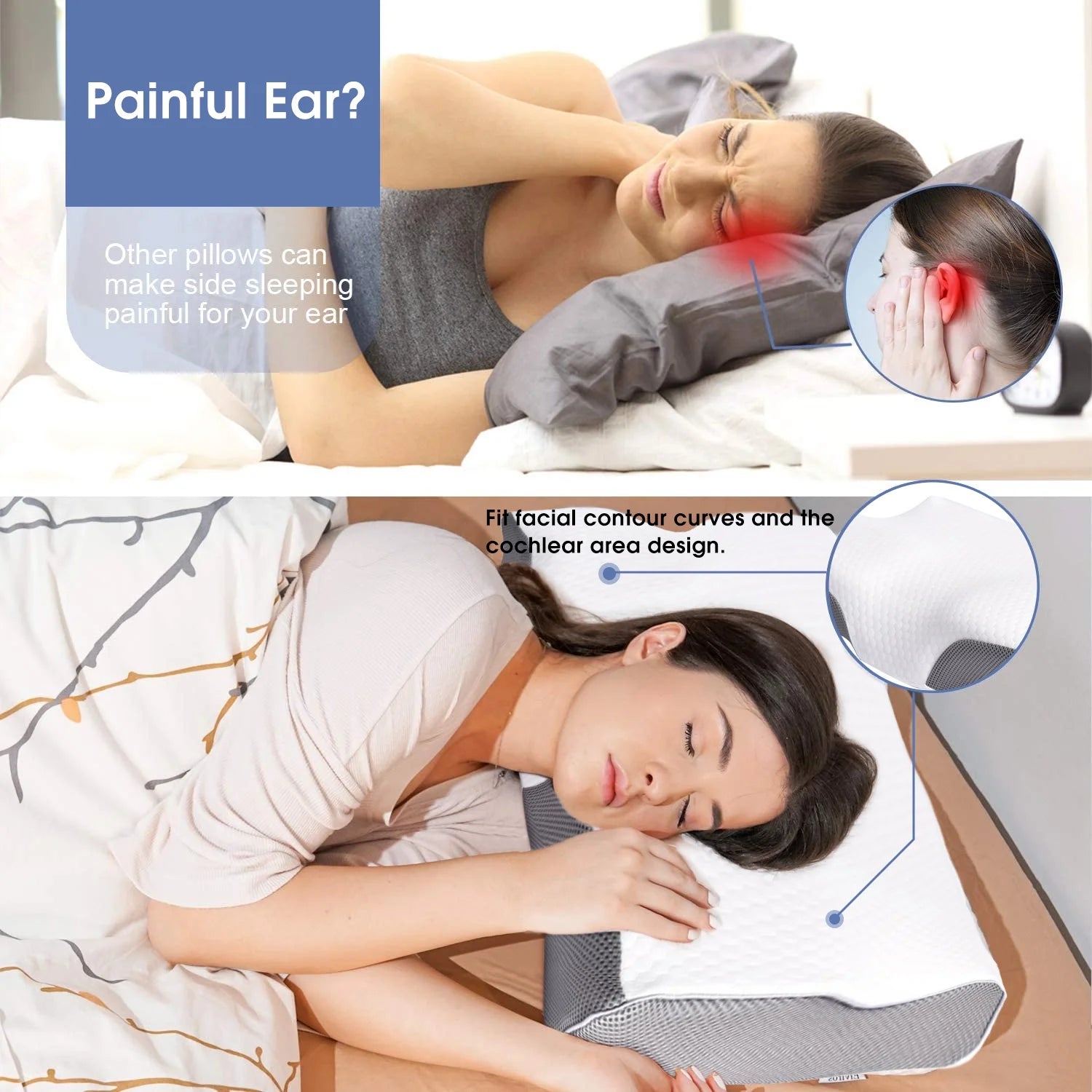 Cervical Neck Pillow for Neck Pain Relief, Ergonomic Memory Foam Pillow Bed Pillows for Body Side Back Stomach Sleeping, 23.6''X 13.3''X 4.3'',White