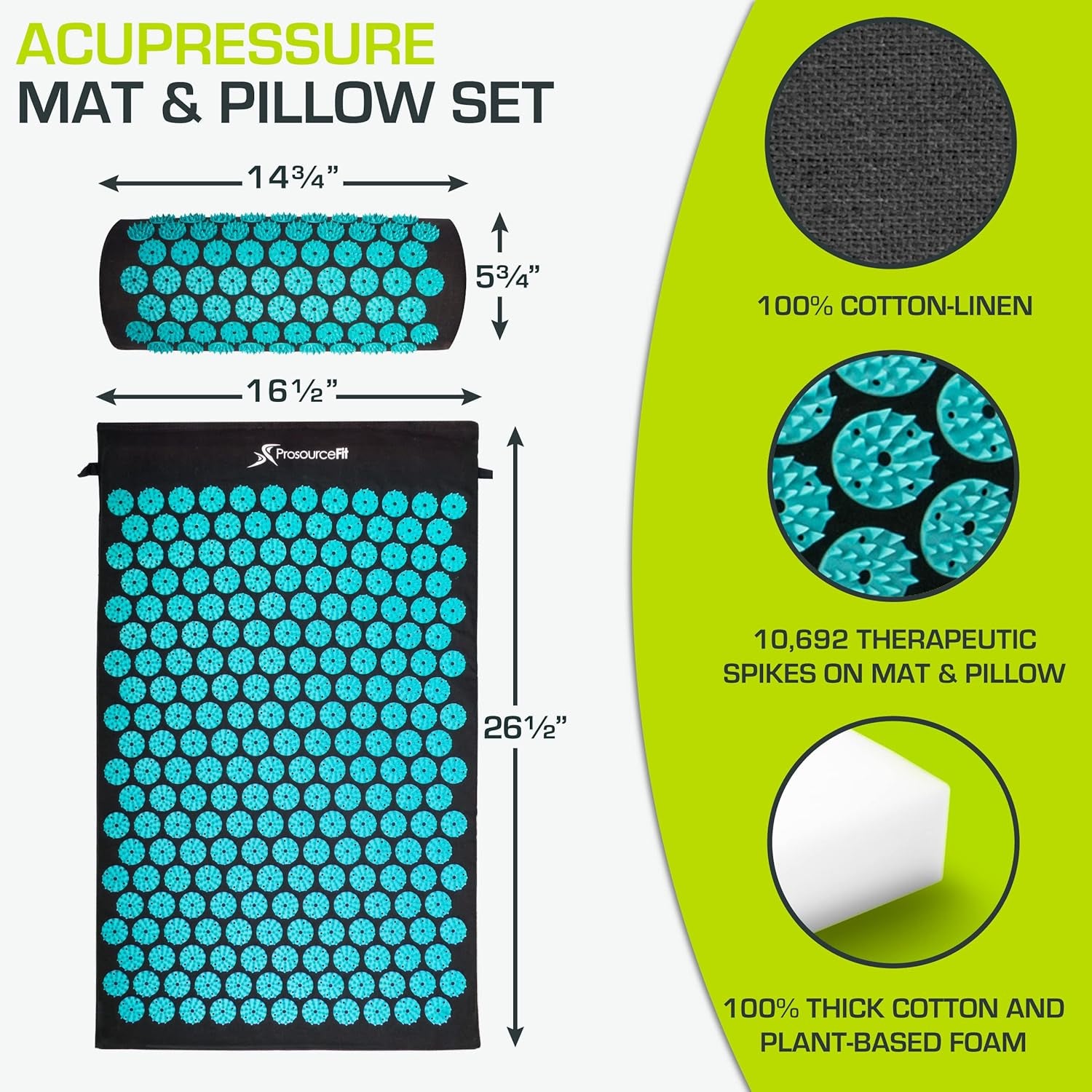 Acupressure Mat and Pillow Set for Back/Neck Pain Relief and Muscle Relaxation, Large - Green/White