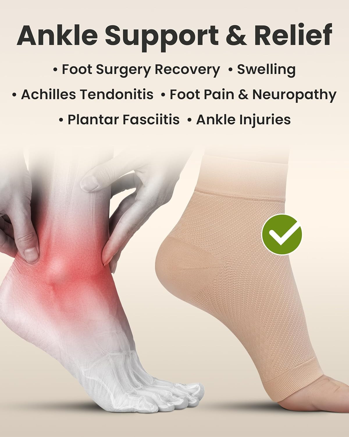 Ankle Compression Sleeve - Plantar Fasciitis Braces - Open Toe Compression Socks for Swelling, Sprain, Neuropathy, Foot Arch Support for Men and Women - 20-30Mmhg, M, Beige